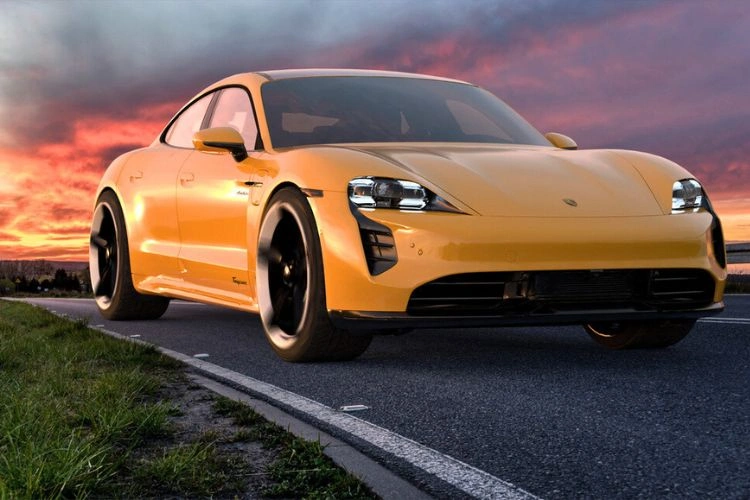 Voiture orange berline Porsche Taycan
