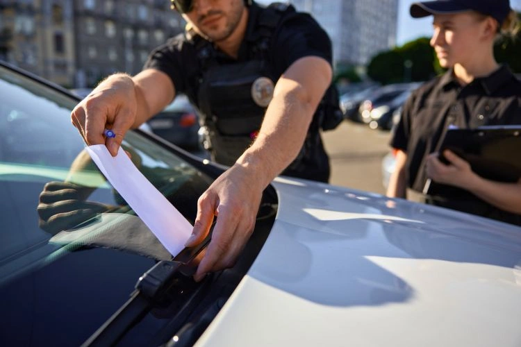 Policier en train de mettre une amende sur un véhicule