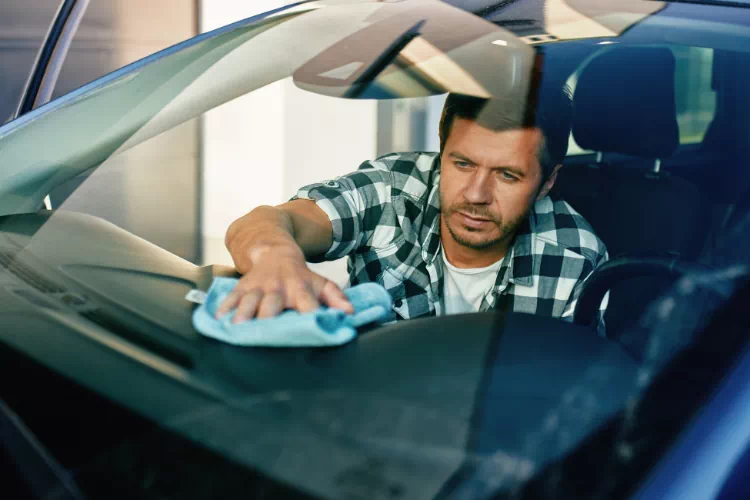 Homme nettoyant le pare-brise d'une voiture avec un chiffon