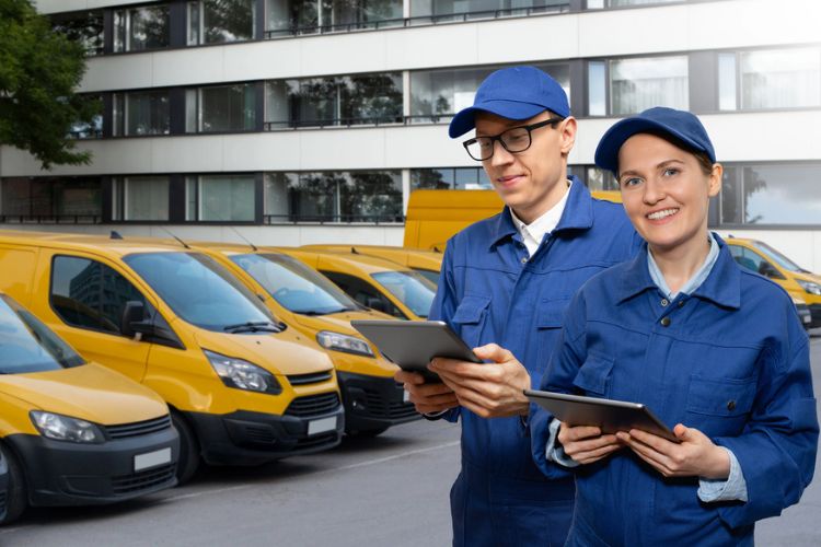 Employés gérant une flotte de véhicules sur une tablette